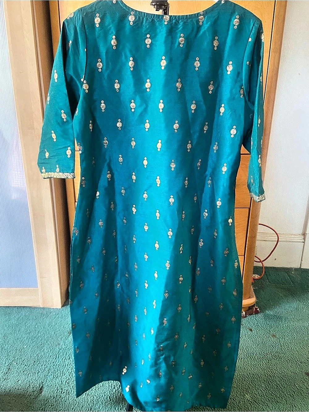Janasya Teal Gold Print Kurta Blue Size Large